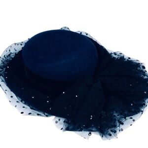 Vintage Whittall & Shon Black Wool Pillbox Hat with Veil & Sequins 1950s-1960s